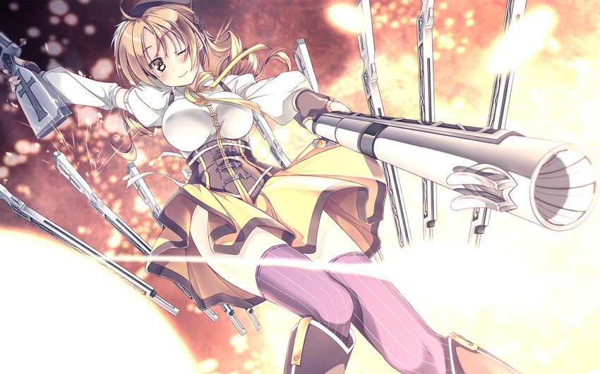 beret blonde_hair blush boots brown_legwear corset detached_sleeves drill_hair dual_wielding fingerless_gloves gloves gun hair_ornament hairpin hat highres holding light_particles magical_girl magical_musket mahou_shoujo_madoka_magica one_eye_closed pleated_skirt puffy_sleeves ribbon rifle shinohara_shinome skirt smile solo sparks striped striped_legwear thighhighs tomoe_mami twin_drills twintails upskirt vertical-striped_legwear vertical_stripes weapon yellow_eyes zettai_ryouiki