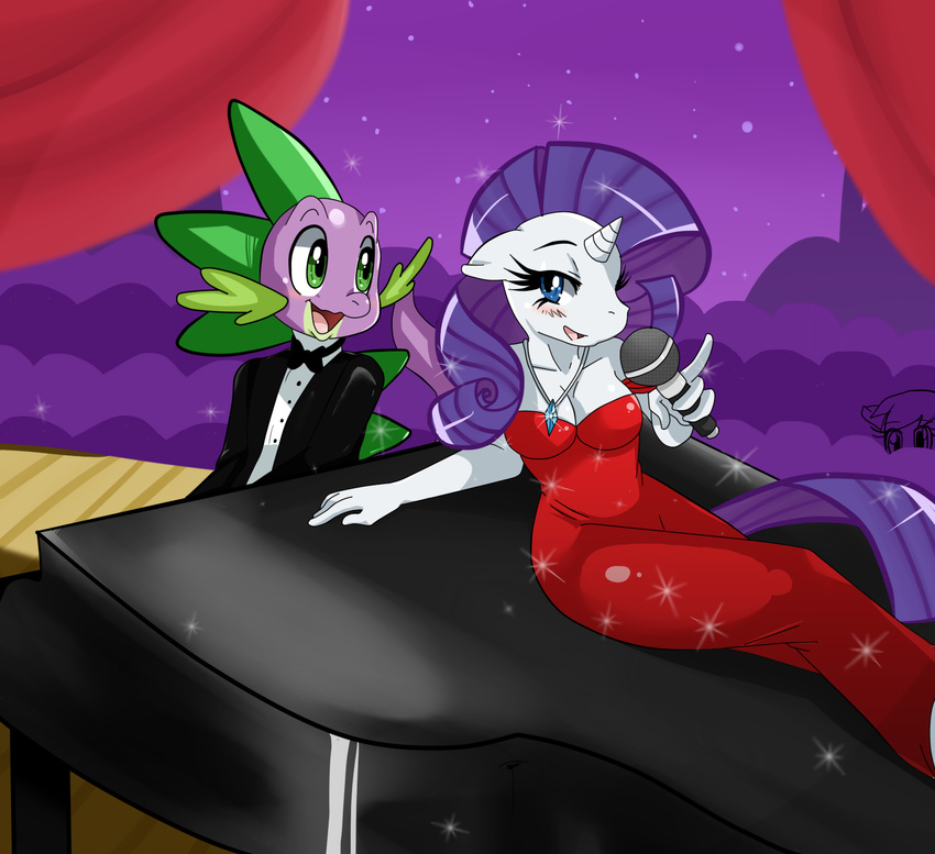 anthrofied blush dragon dress duo equine eye_contact female friendship_is_magic horn horse looking_at_each_other male mammal microphone musical_instrument my_little_pony necklace piano pony rarity_(mlp) scalie spike_(mlp) sssonic2 unicorn