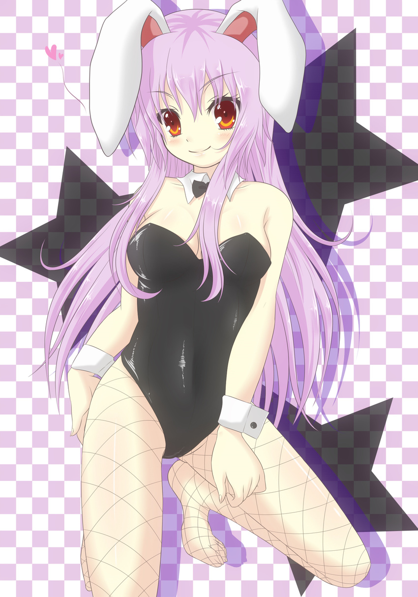 animal_ears bad_id bad_pixiv_id bare_shoulders bunny_ears bunnysuit cameltoe checkered checkered_background fishnet_pantyhose fishnets heart highres kneeling long_hair mayuzumi_makiha pantyhose pink_hair red_eyes reisen_udongein_inaba solo star touhou very_long_hair wrist_cuffs