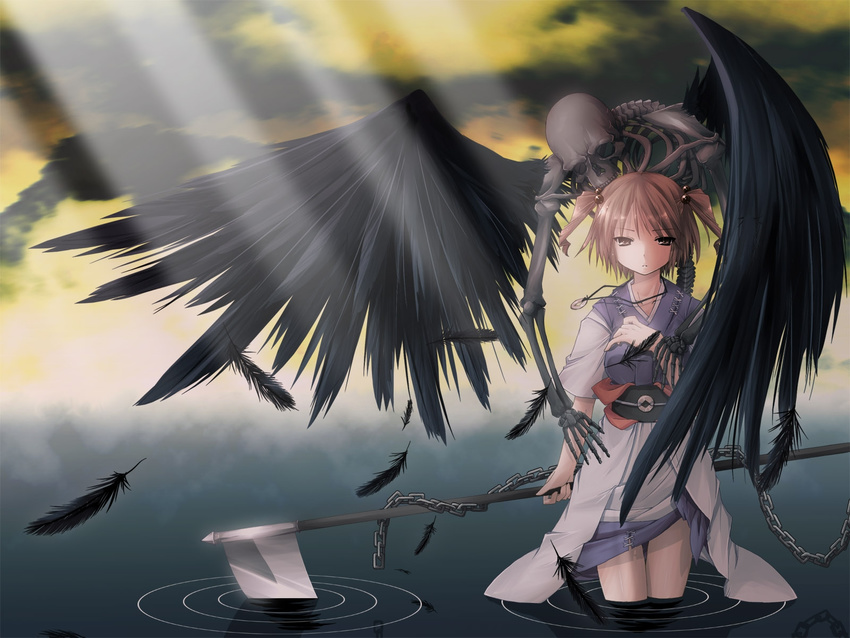 black_feathers black_wings brown_eyes brown_hair chain feathered_wings feathers gothic highres jewelry necklace onozuka_komachi scythe skeleton skull solo touhou two_side_up wallpaper wings yuuki_eishi