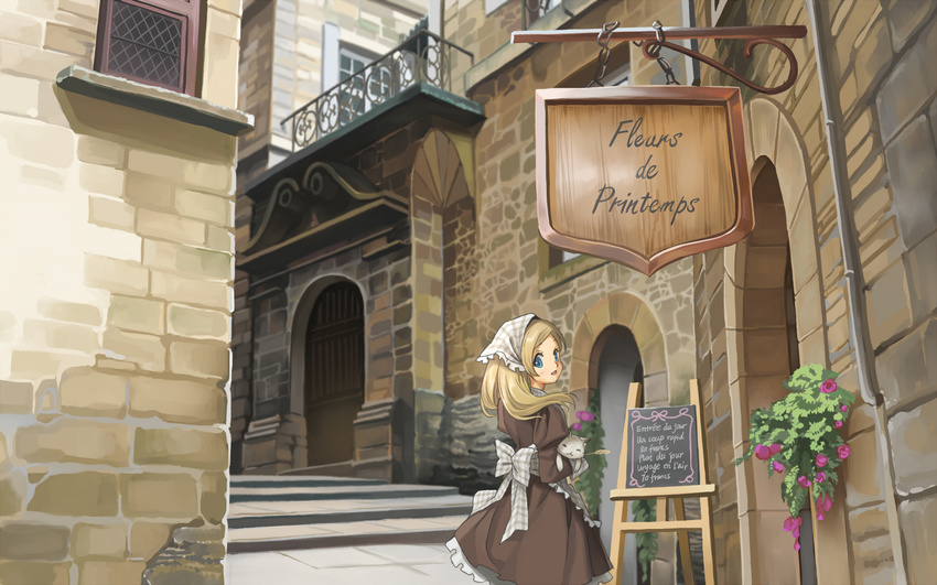 blonde_hair blue_eyes cat cat_teaser flower flyx2 french from_behind headdress long_hair looking_back maid open_mouth original road solo street