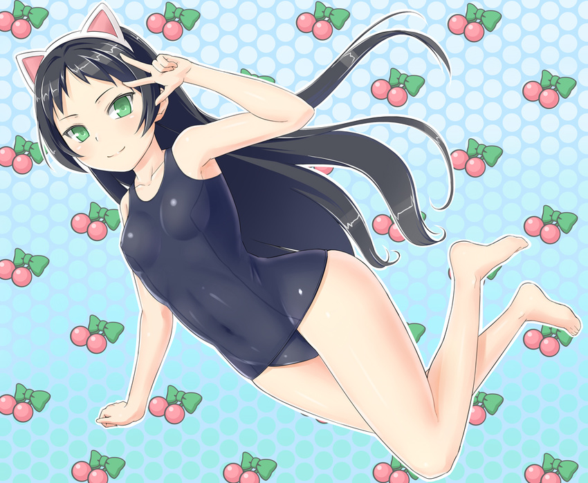 animal_ears armpits bangs barefoot black_hair black_school_swimsuit black_swimsuit blue_background blush bow breasts cat_ears cherry clenched_hand closed_mouth collarbone covered_navel fake_animal_ears food from_side fruit fruit_background full_body gradient gradient_background green_bow green_eyes hair_intakes hairband halftone halftone_background hand_up hazuki_kurumi hips kaitou_tenshi_twin_angel kneeling legs legs_together light_smile long_hair looking_at_viewer old_school_swimsuit one-piece_swimsuit outline parted_bangs school_swimsuit shiny shiny_clothes shiny_hair shougi_(116) skin_tight small_breasts smile solo straight_hair swimsuit twin_angel v very_long_hair white_hairband white_outline wide_hips