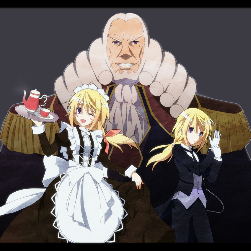 1girl ;d blonde_hair blush_stickers charles_zi_britannia charlotte_dunois code_geass crossover cup deta-mxproject epaulettes gloves highres infinite_stratos long_hair maid maid_headdress namesake one_eye_closed open_mouth ponytail ribbon smile tea_set teacup teapot tray tuxedo
