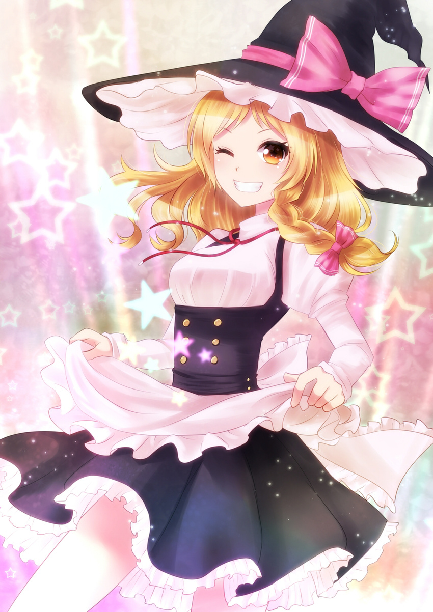 bad_id bad_pixiv_id blonde_hair grin hat highres kirisame_marisa nunucco one_eye_closed smile solo star star-shaped_pupils symbol-shaped_pupils touhou witch_hat yellow_eyes