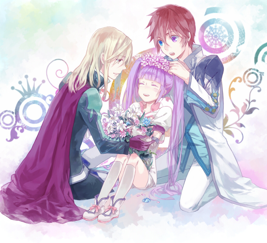 2boys asbel_lhant blonde_hair blue_eyes brown_hair cape closed_eyes cropped_jacket flower heterochromia multiple_boys purple_eyes purple_hair richard_(tales) shinono sophie_(tales) tales_of_(series) tales_of_graces twintails