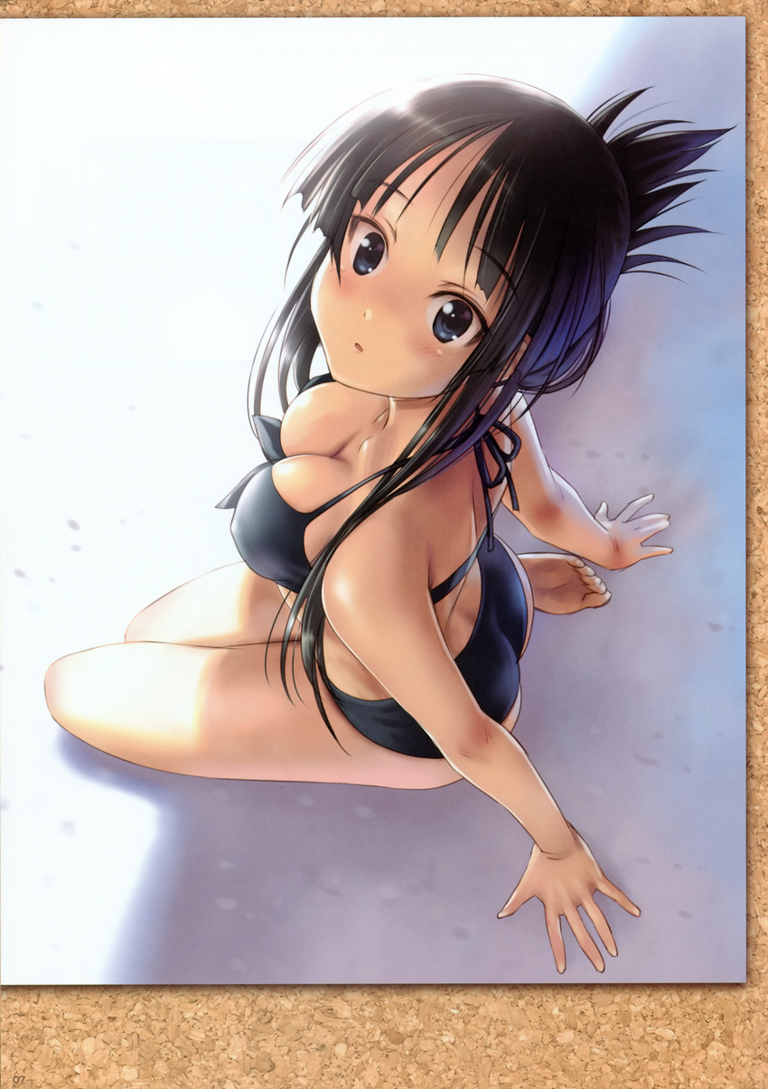 absurdres akiyama_mio alternate_hairstyle ass barefoot bikini black_hair blue_eyes blush breasts cleavage corkboard folded_ponytail goto_p hair_up hands highres k-on! kneeling long_hair looking_up medium_breasts scan soles solo swimsuit toes