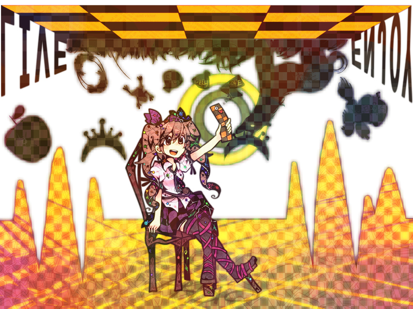 apple bad_id bad_pixiv_id bag bow brown_eyes brown_hair cellphone chair checkered checkered_skirt food frog fruit geta grass hair_bow hat heart highres himekaidou_hatate itomugi-kun necktie open_mouth phone shadow shell sitting skirt solo thighhighs tokin_hat touhou twintails upside-down