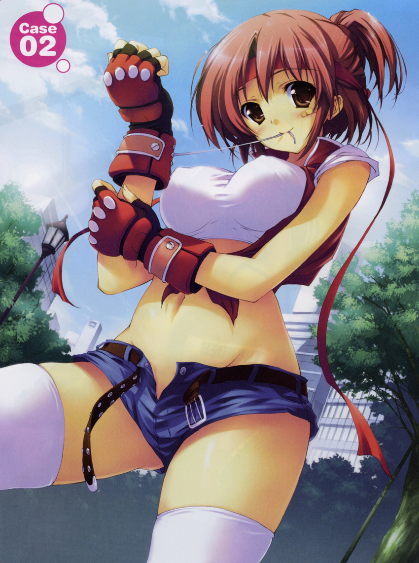absurdres bandaid bandaid_on_face bangs belt breasts brown_eyes buckle building cloud copyright_request covered_nipples cowboy_shot day denim denim_shorts fingerless_gloves gloves headband highres lamppost large_breasts looking_at_viewer midriff mouth_hold navel open_fly scan short_shorts shorts sky smile solo thighhighs tomose_shunsaku tree white_legwear