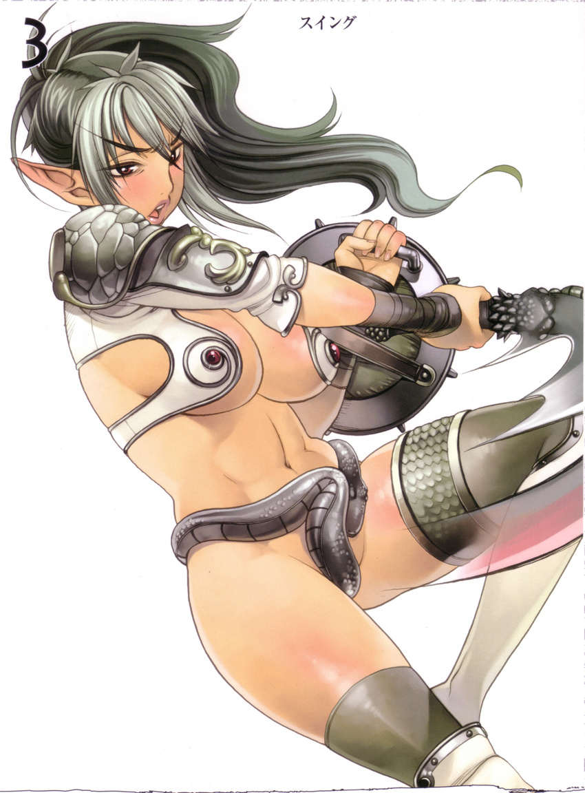 absurdres antenna_hair armor attack bikini_armor black_hair blush body_blush boots breasts card_(medium) center_opening crop_top dark_elf echidna elf eyebrows_visible_through_hair f.s. floating_hair from_side gem grey_hair grey_legwear hand_up high_ponytail highres holding holding_shield holding_sword holding_weapon keltan knee_boots knee_pads large_breasts leg_lift legs_apart lips lipstick living_clothes long_pointy_ears looking_at_viewer makeup motion_blur multicolored_hair navel number official_art open_mouth outstretched_arm pauldrons pointy_ears ponytail queen's_blade red_eyes revealing_clothes ruby_(stone) scales scan scowl serious shield short_sleeves sidelocks sideways_glance simple_background snake solo sword thighhighs thighlet thighs translated two-tone_hair underboob upper_teeth v-shaped_eyebrows weapon white_background white_footwear wrist_wrap