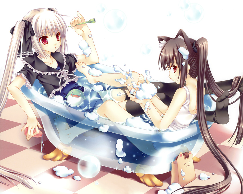 2girls bath kooh long_hair pangya school_swimsuit swimsuit tatekawa_mako thighhighs twintails water