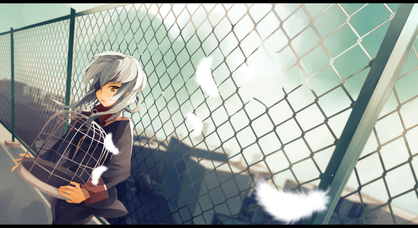 birdcage cage chain-link_fence eyepatch feathers fence grey_hair hinata_(hinata123) inazuma_eleven inazuma_eleven_(series) long_hair male_focus red_eyes rooftop sakuma_jirou solo tears