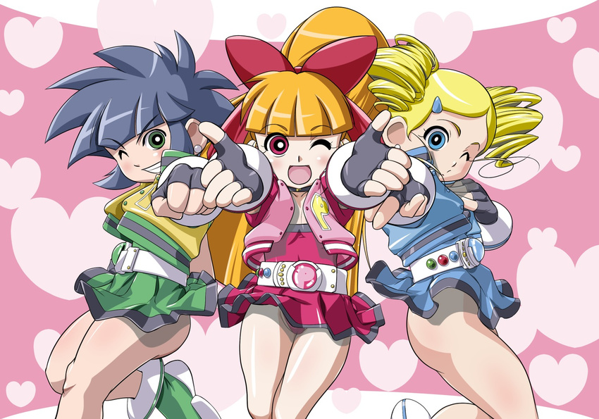 3girls akatsutsumi_momoko akazutsumi_momoko blonde_hair blue_eyes blue_hair blush curly_hair female flat_chest gotokuji_miyako goutokuji_miyako green_eyes hikawadou hyper_blossom loli long_hair matsubara_kaoru multiple_girls open_mouth orange_hair panties ponytail powered_buttercup powerpuff_girls powerpuff_girls_z red_eyes rolling_bubbles short_hair skirt smile twintails underwear wink