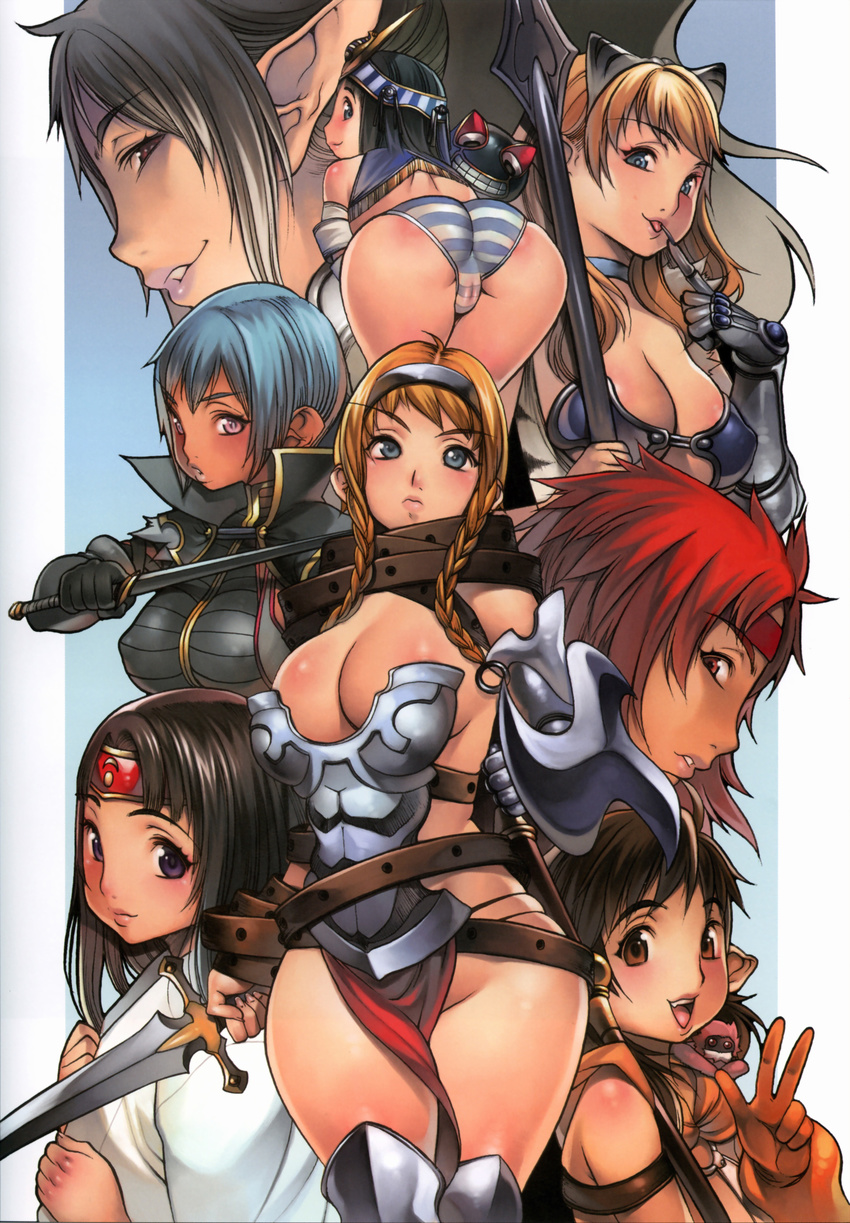 absurdres armor ass black_hair blonde_hair blue_eyes braid breasts buckle cleavage crown echidna elina f.s. finger_licking hairband headband highres irma japanese_clothes jewelry large_breasts leina licking long_hair menace miko multiple_girls nowa panties pointy_ears ponytail purple_eyes queen's_blade revealing_clothes risty setra shield short_hair smile striped striped_panties sword tomoe tongue twin_braids underwear weapon