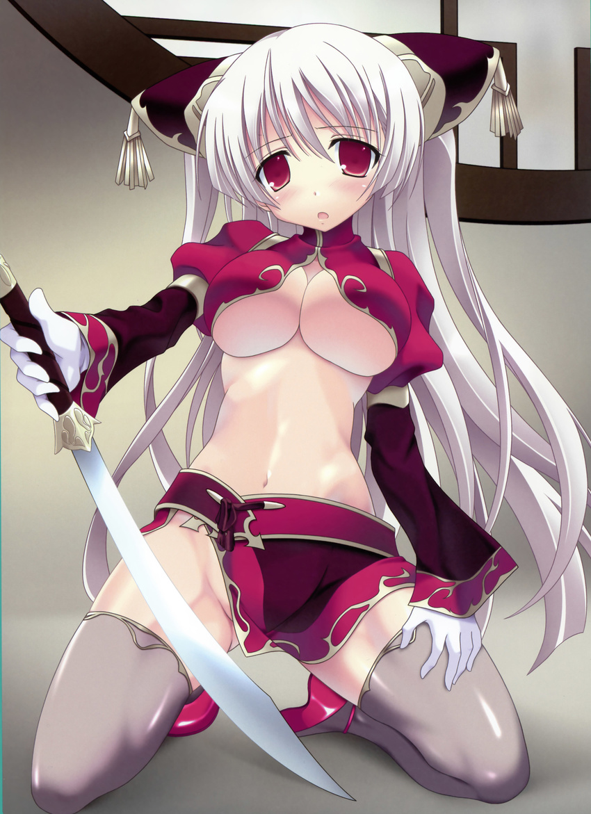 :o absurdres banned_artist blush breasts gloves grey_legwear headdress highres kneeling large_breasts long_hair long_sleeves moritan navel no_panties red_eyes solo sword thighhighs underboob weapon white_hair