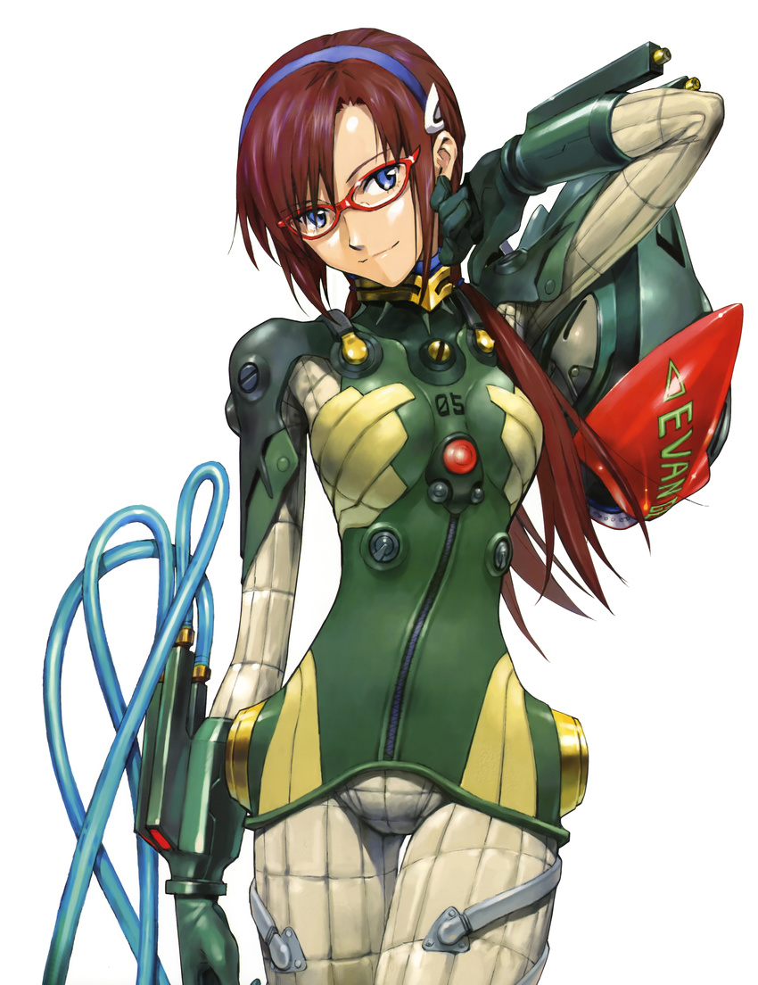 absurdres blue_eyes bodysuit brown_hair detexted evangelion:_2.0_you_can_(not)_advance glasses green_bodysuit hairband highres long_hair makinami_mari_illustrious neon_genesis_evangelion plugsuit rebuild_of_evangelion sadamoto_yoshiyuki smile third-party_edit twintails