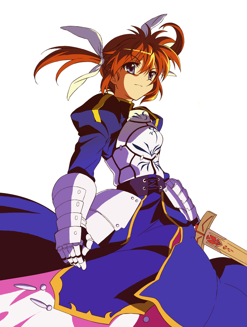 anime_coloring armor armored_dress artoria_pendragon_(all) bow brown_hair cosplay dress excalibur fate/stay_night fate_(series) gauntlets hair_bow hair_ornament highres lyrical_nanoha mahou_shoujo_lyrical_nanoha narusemi parody puffy_sleeves purple_eyes saber saber_(cosplay) solo style_parody sword takamachi_nanoha twintails weapon white_background
