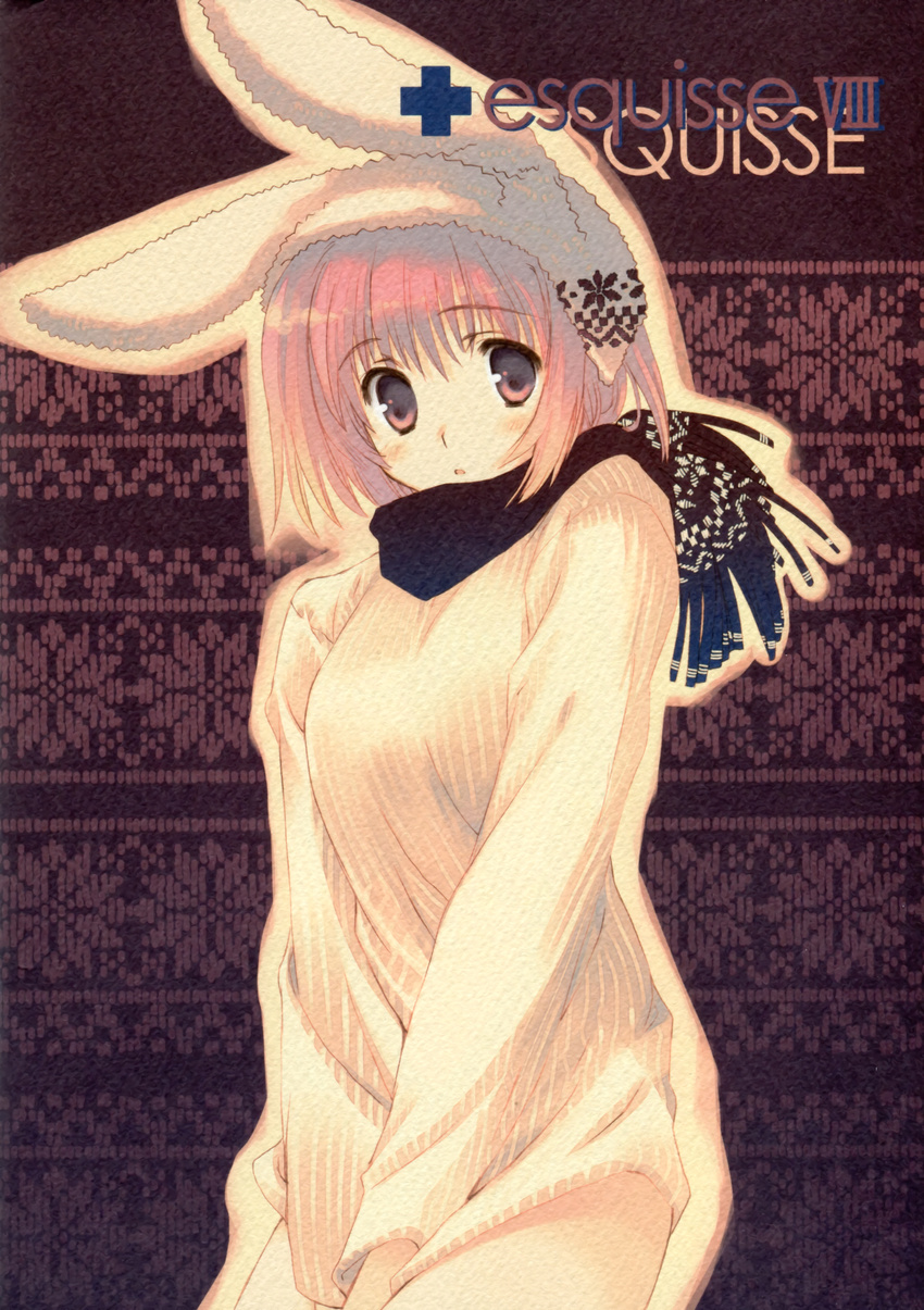 absurdres animal_ears brown_eyes brown_hair bunny_ears hat highres mitsumi_misato original scarf short_hair solo sweater