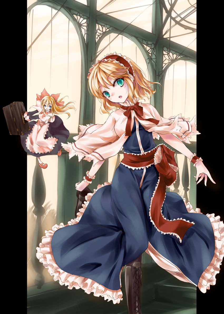 alice_margatroid awa_yume blonde_hair blue_eyes blush boots bow box capelet cross-laced_footwear doll dress green_eyes hair_bow hairband highres lace-up_boots long_hair shanghai_doll short_hair solo touhou