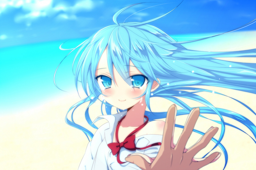 ahoge antenna_hair bare_shoulders blue_eyes blue_hair blush bow denpa_onna_to_seishun_otoko hands_together koikawa_minoru long_hair looking_at_viewer off_shoulder out_of_frame pov pov_hands smile solo_focus spread_fingers tears touwa_erio very_long_hair