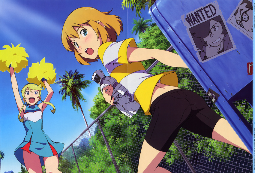 1girl :d :o absurdres armpits arms_up ass back bike_shorts blonde_hair blue_eyes blush chain-link_fence cheerleader chin_grab crease day dress dress_lift embarrassed fence from_behind glasses grin hair_over_one_eye hairband heroman heroman_(robot) highres huge_filesize joey_jones kanzaki_hiro light_rays lina_davis long_hair looking_back matthew_denton nyantype open_mouth orange_hair otoko_no_ko outdoors palm_tree pom_poms poster_(object) scan scan_artifacts shirt shirt_lift short_hair simon_kaina sky smile striped striped_shirt sunbeam sunlight surprised thighs toy tree twintails wanted wind wind_lift