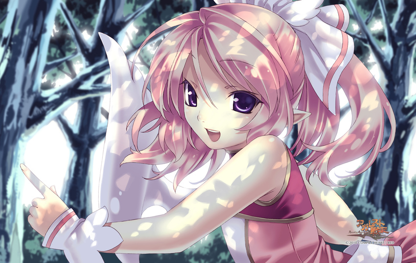 2010 :d agarest_senki agarest_senki_(series) company_name copyright_name ellis_(agarest_senki) forest game_cg highres hirano_katsuyuki looking_at_viewer nature official_art open_mouth pink_hair pointy_ears purple_eyes running short_hair smile solo tree tree_shade twintails wrist_cuffs