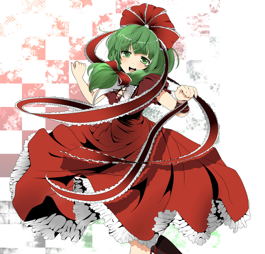 absurdres bad_id bad_pixiv_id blush boots breasts checkered checkered_background cleavage colorized cross-laced_footwear dress frilled_dress frills front_ponytail green_eyes green_hair hair_ribbon highres ishikkoro kagiyama_hina lace-up_boots medium_breasts open_mouth ribbon ruruan_(piitan) smile solo touhou