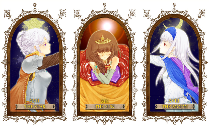 albino armor bad_id bad_pixiv_id braid brown_hair cape chris_lightfellow closed_eyes crescent_moon dress french_braid gensou_suikoden gensou_suikoden_ii gensou_suikoden_iii gensou_suikoden_v long_hair lymsleia_falenas moon multiple_girls purple_eyes red_eyes sierra_mikain silver_hair star sun tarot tiara yunako_(artist)