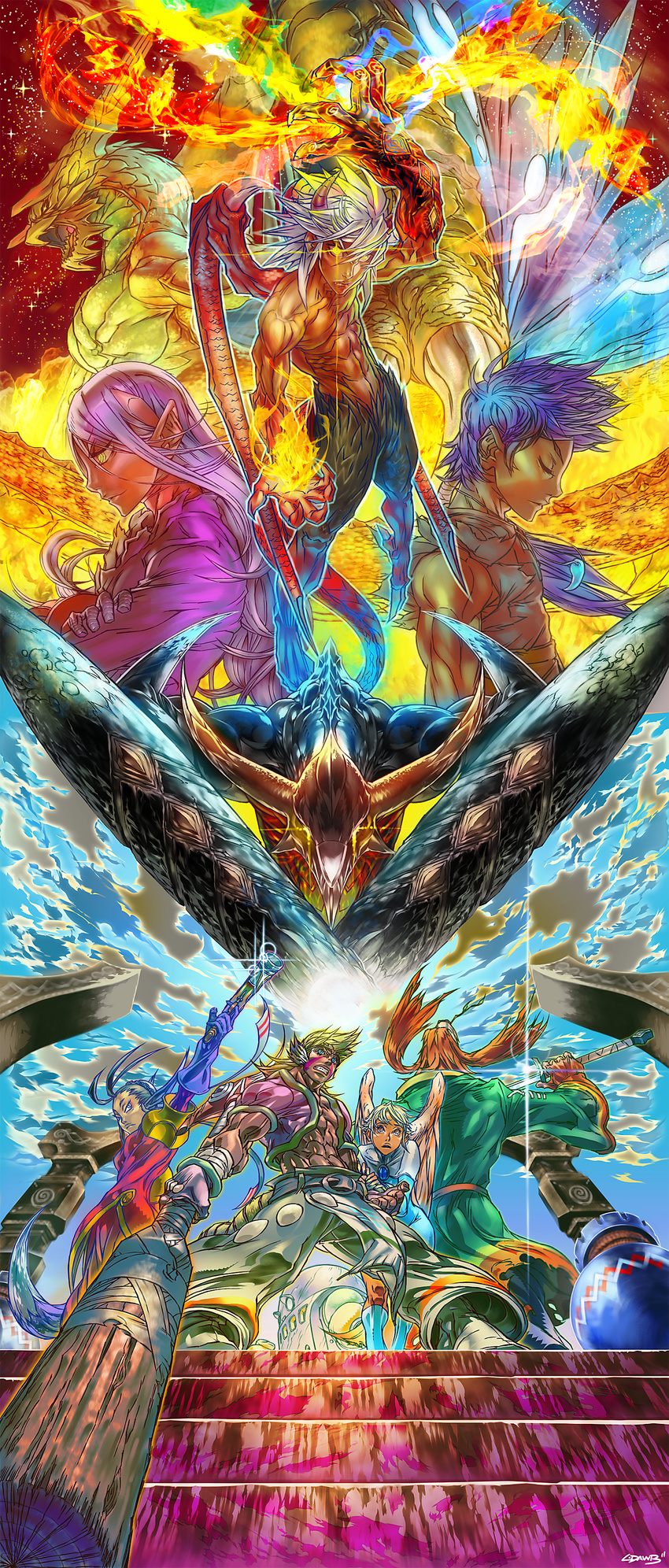 5boys abs absurdres angel_wings animal_ears bare_shoulders battle belt blonde_hair blue_eyes blue_hair breath_of_fire breath_of_fire_iv brown_eyes buckle circlet clenched_teeth cray_(breath_of_fire) dragon dress ershin everyone eyeshadow facial_mark fire fou-lu fox_tail glowing glowing_eyes gun hair_ornament highres horns kaiser_dragon l-dawb long_image makeup midriff multiple_boys multiple_girls muscle nina_(breath_of_fire_iv) open_mouth pale_skin robe ryuu_(breath_of_fire_iv) scias standing sword tail tall_image tan teeth tiger_tail tyrant ursula_(breath_of_fire) weapon white_wings wings