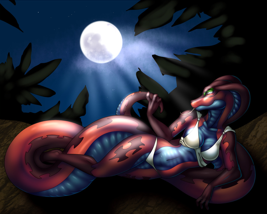 anthro bikini blue_scales breasts clothed clothing female fivel forked_tongue laying_on_side long_tongue lying moon moonlight night on_side red_body red_scales reptile scalie skimpy snake solo swimsuit tight_clothing tongue tongue_out