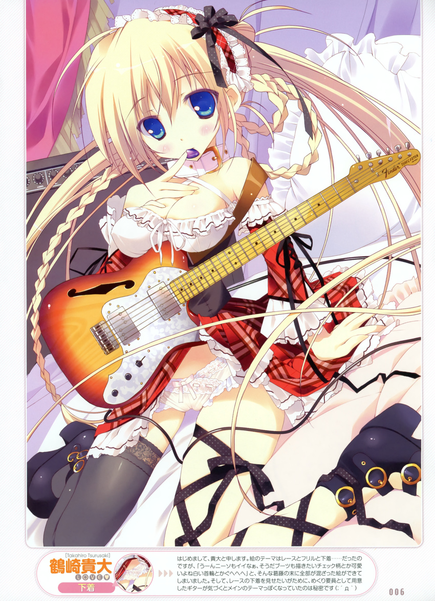 absurdres amplifier blonde_hair blue_eyes braid breasts cameltoe cleavage collar commentary_request cross-laced_footwear curtains electric_guitar fender finger_to_mouth frilled_pillow frills guitar hair_ribbon hairband highres instrument long_hair medium_breasts mouth_hold original panties pillow plectrum polka_dot ribbon shoes single_thighhigh solo telecaster thighhighs translation_request tsurusaki_takahiro underwear very_long_hair