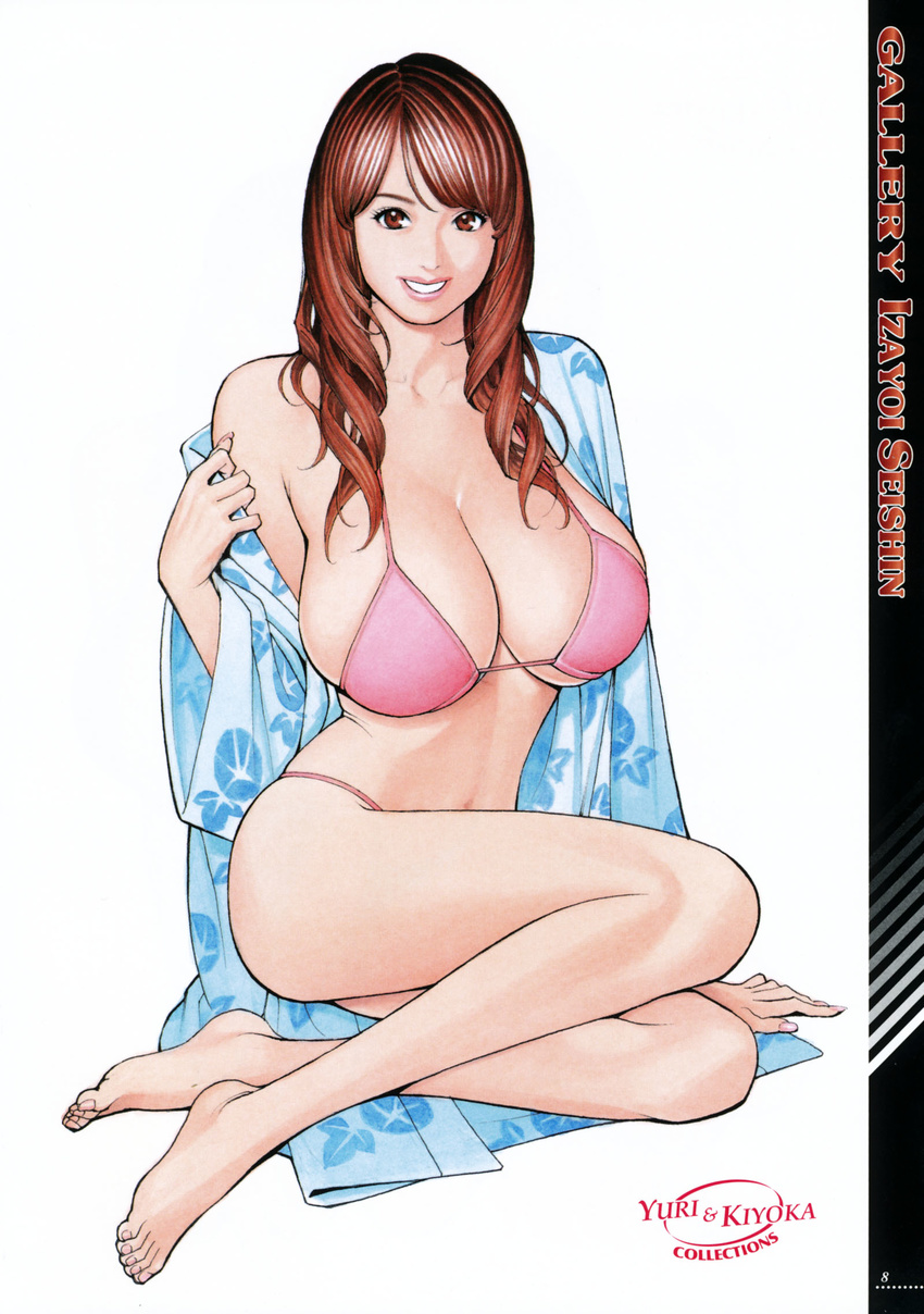 action_pizazz barefoot bikini breasts brown_eyes brown_hair drill_hair feet fingernails full_body grin hair_over_shoulder highres huge_breasts izayoi_seishin japanese_clothes kimono leaf_print legs lips long_hair long_sleeves looking_at_viewer mature nail_polish open_clothes open_robe pink_bikini robe simple_background smile solo swimsuit text_focus undressing white_background