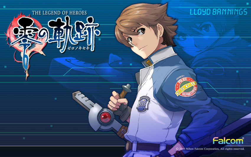 2010 blue_background brown_eyes brown_hair character_name company_name copyright_name dual_wielding eiyuu_densetsu enami_katsumi highres holding jacket lloyd_bannings male_focus smile solo tonfa weapon zero_no_kiseki zoom_layer