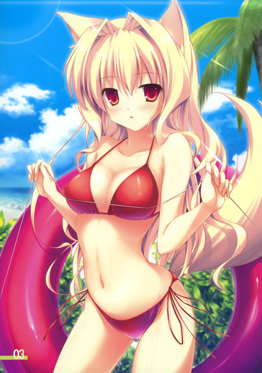 beach bikini blonde breasts cleavage cloud dog_ears dog_tail empathy fox fujisaki_rei high_res innertube inumimi kemonomimi large_breasts mizugi oppai red_eyes side-tie_bikini sky tail