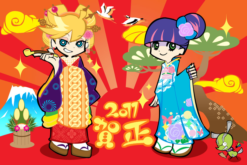 2girls bad_id bad_pixiv_id blonde_hair blue_eyes blue_hair chuck_(psg) green_eyes japanese_clothes kimono multicolored_hair multiple_girls official_style panty_&amp;_stocking_with_garterbelt panty_(psg) pink_hair rising_sun stocking_(psg) sunburst