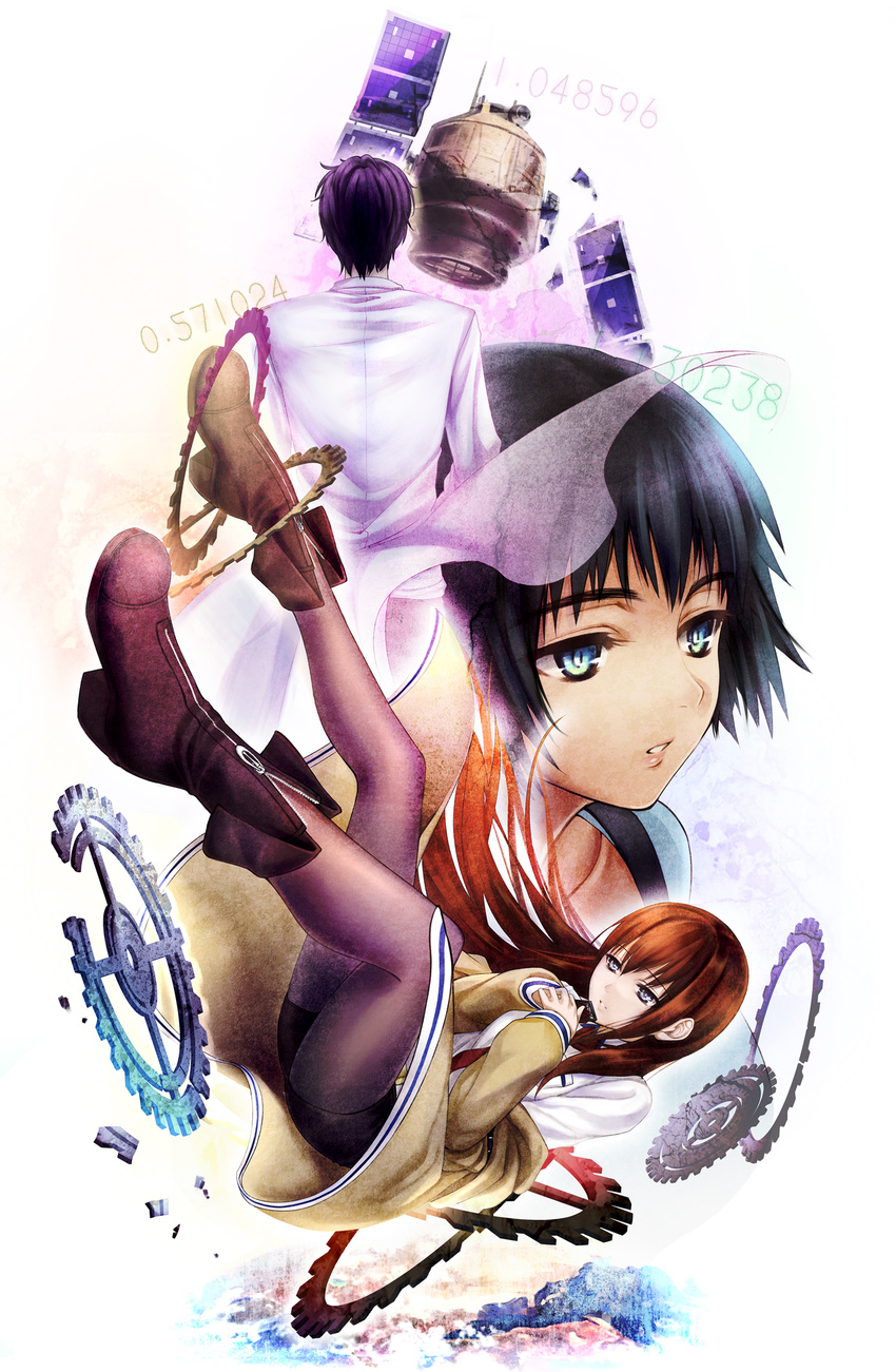 2girls bad_id bad_pixiv_id black_hair black_legwear blue_eyes boots brown_hair from_behind gears highres jacket labcoat legwear_under_shorts long_hair makise_kurisu multiple_girls nidoro okabe_rintarou pantyhose satellite shiina_mayuri short_hair short_shorts shorts steins;gate