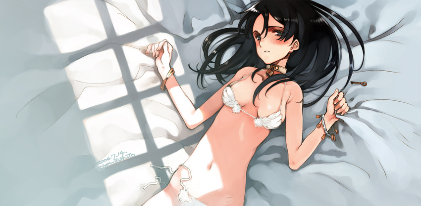 armband black_hair bra collar grey_eyes high_res key littlewitch lock lying midriff navel on_back oyari_ashito pantsu side-tie_panties untied