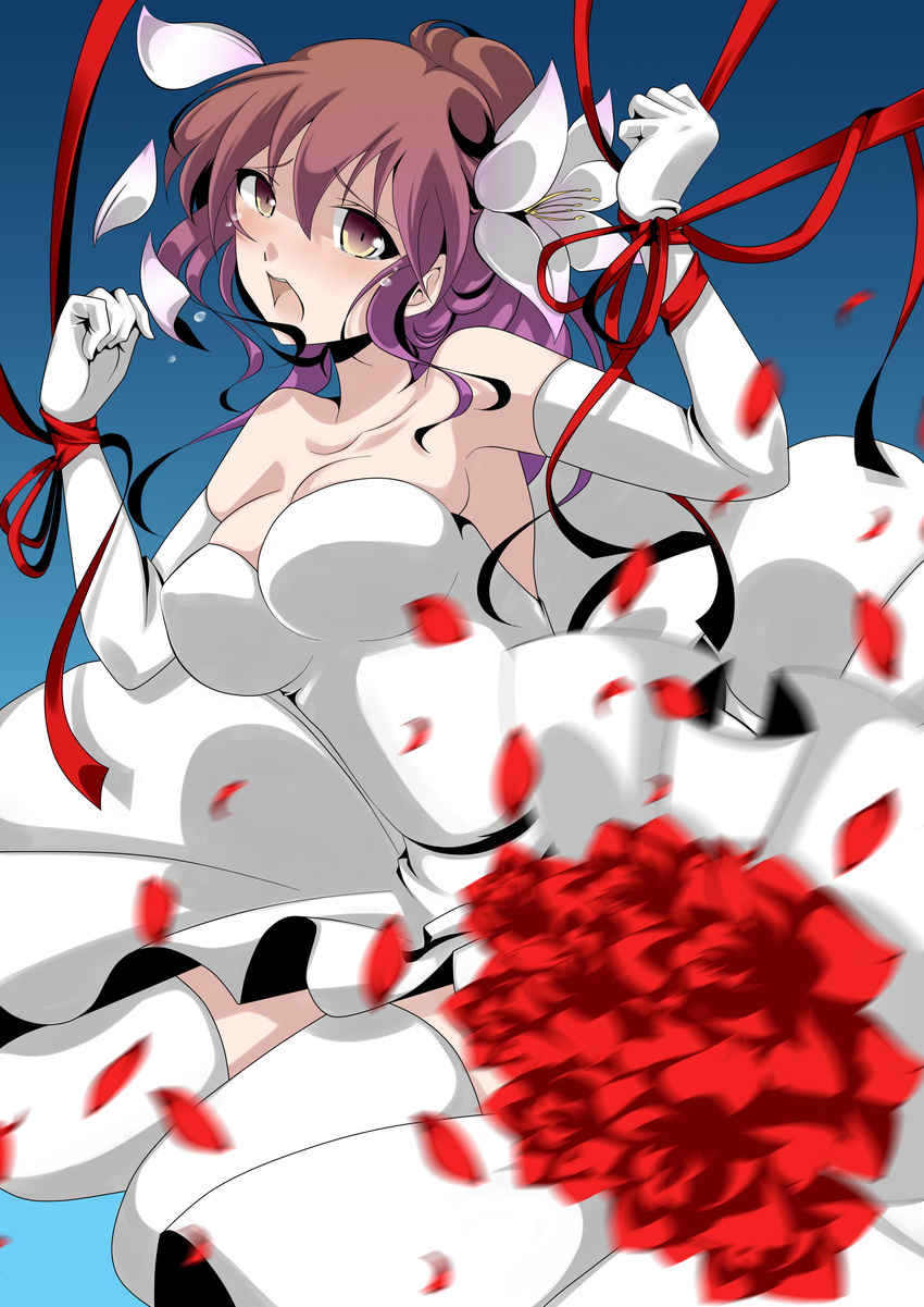 absurdres bdsm blush bouquet breasts brown_hair cleavage dress female flower gloves gradient gradient_background hal_(haruna) highres large_breasts long_hair open_mouth original petals plant ponytail solo thighhighs wedding_dress white_legwear white_thighhighs yellow_eyes