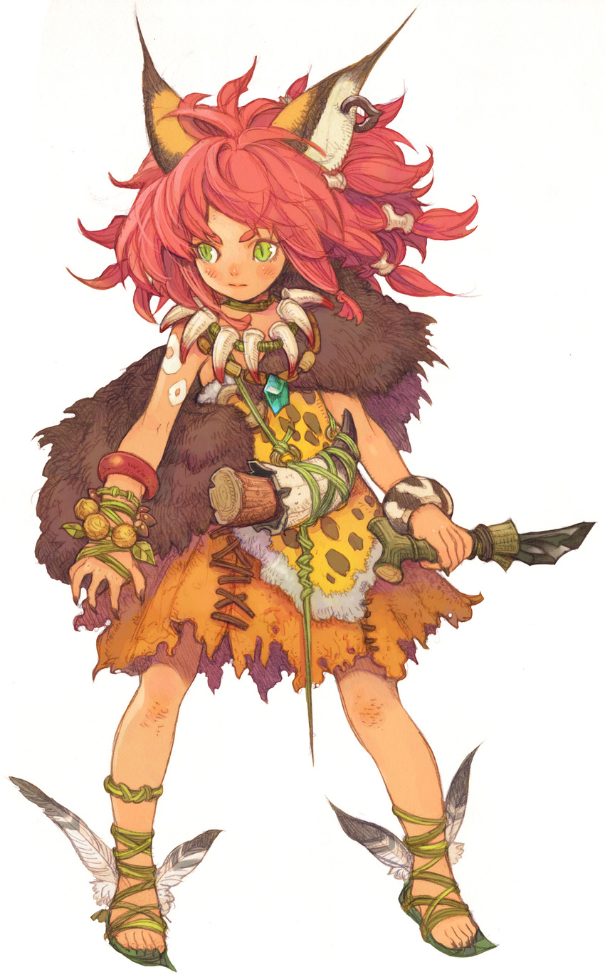 avalon_code big_hair bracelet claws earrings eyebrows feathers fur green_eyes haccan highres jewelry knife lauca nut_(food) official_art red_hair sandals simple_background solo standing thick_eyebrows toes