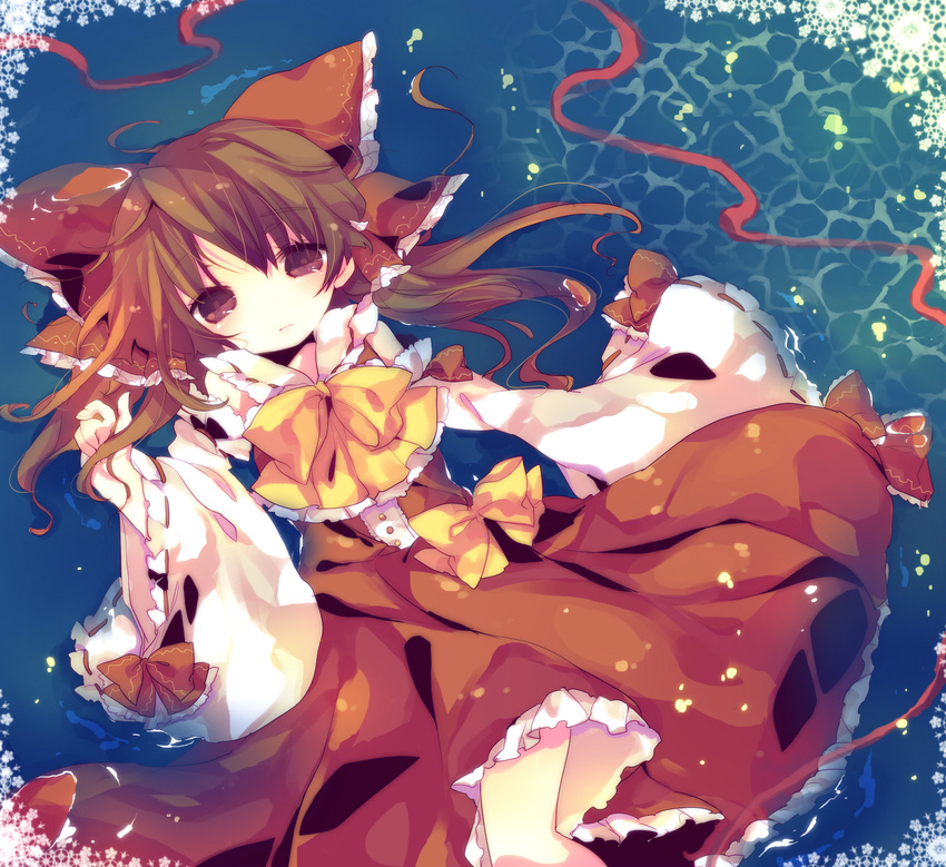afloat ana_(rznuscrf) ascot bad_id bad_pixiv_id bare_shoulders bow brown_eyes brown_hair detached_sleeves dress hair_bow hair_tubes hakurei_reimu highres long_hair lying on_back solo touhou water