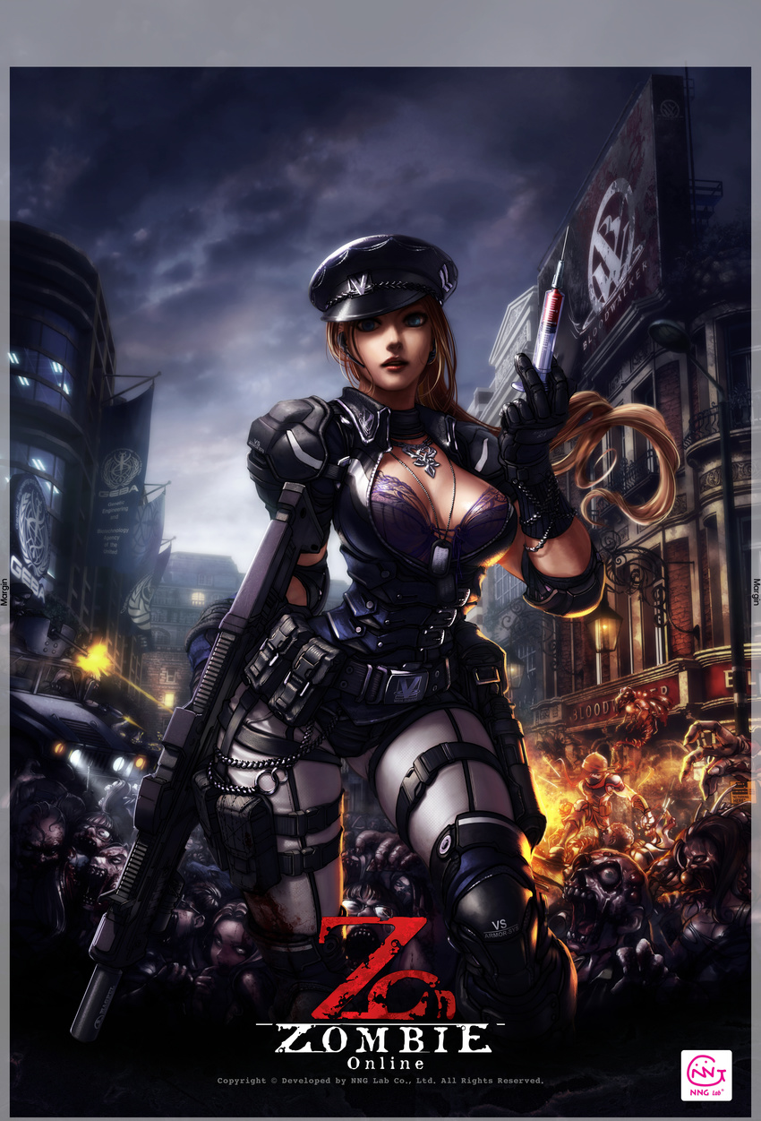 absurdres artist_request blue_eyes breasts brown_hair buckle city cleavage gun hat highres jewelry large_breasts long_hair necklace rifle shoulder_pads solo syringe watermark weapon zombie zombie_online