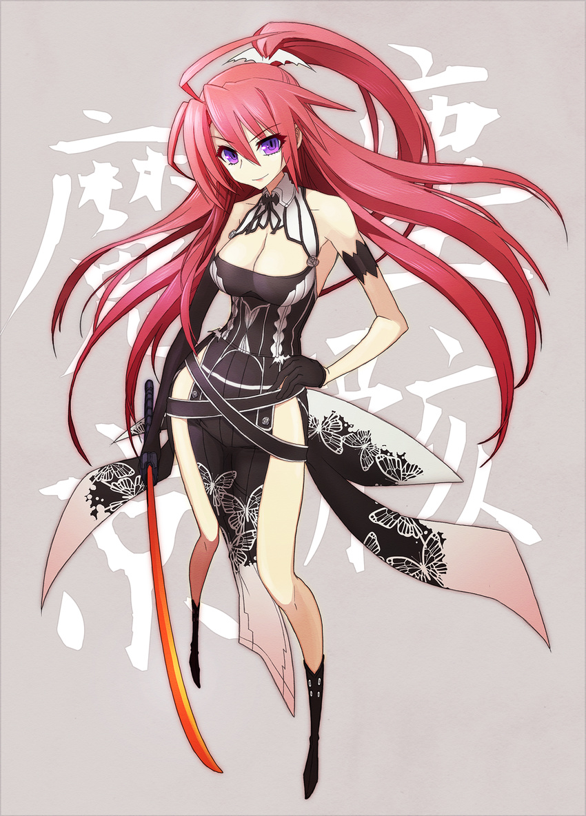 bare_shoulders boots breasts cleavage dougan_calpis_con gloves hair_between_eyes hand_on_hip highleg highres ignis jingai_makyou large_breasts long_hair pelvic_curtain ponytail purple_eyes red_hair solo sword very_long_hair weapon