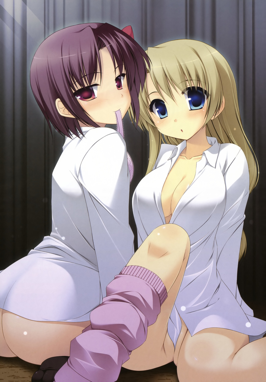 2girls absurdres ass blonde_hair blue_eyes breasts censored cleavage convenient_censoring dengeki_hime dress_shirt highres long_hair looking_back mouth_hold multiple_girls natsuki_shuri no_bra no_panties nopan purple_eyes purple_hair red_eyes shirt short_hair sitting yuri