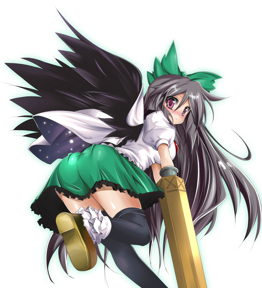 brown_hair green_hair_bow long_hair looking_at_viewer looking_over_shoulder reiuji_utsuho tagme touhou up_skirt zettai_ryouiki