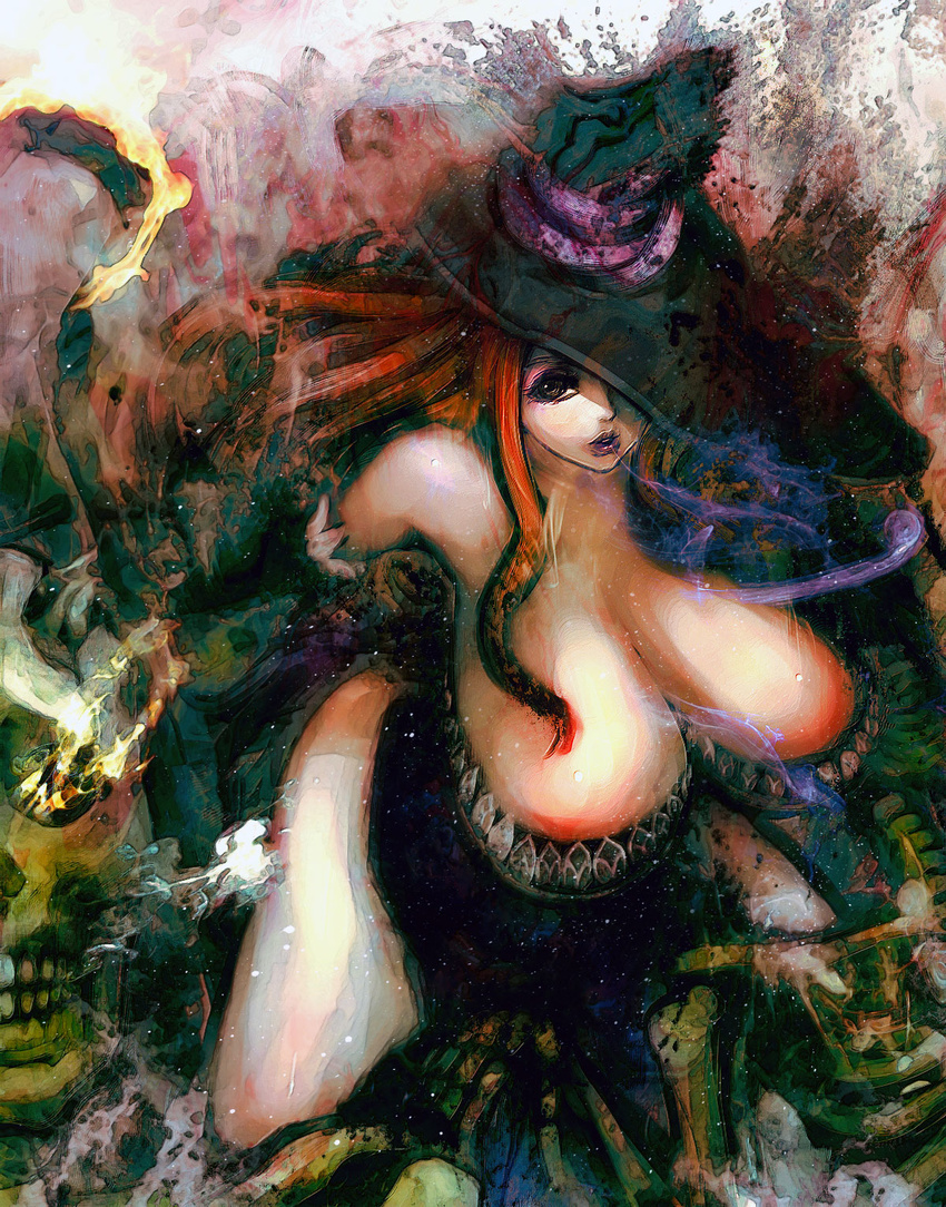 bad_id bad_pixiv_id bare_shoulders breasts brown_eyes brown_hair cleavage cong1991 detached_sleeves dragon's_crown dress hat highres huge_breasts solo sorceress_(dragon's_crown) staff strapless strapless_dress