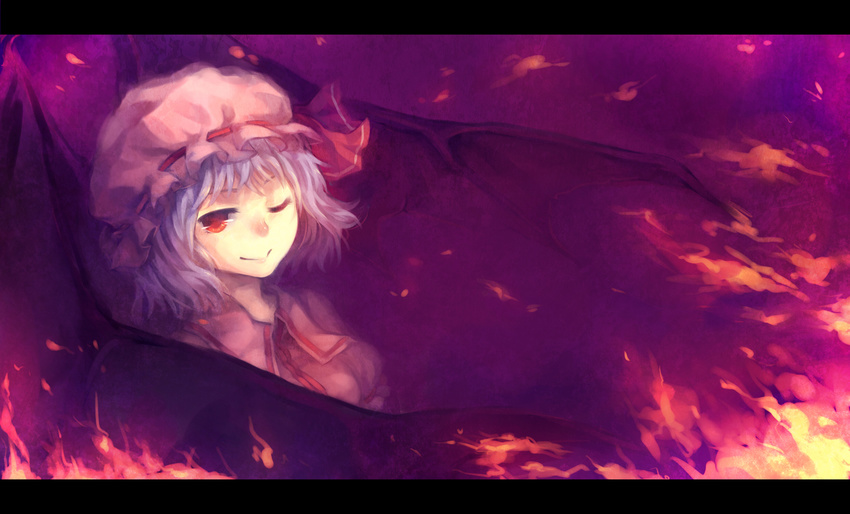 bad_id bad_pixiv_id bat_wings fire flame geoly hat highres lavender_hair letterboxed one_eye_closed red_eyes remilia_scarlet smile solo touhou wings