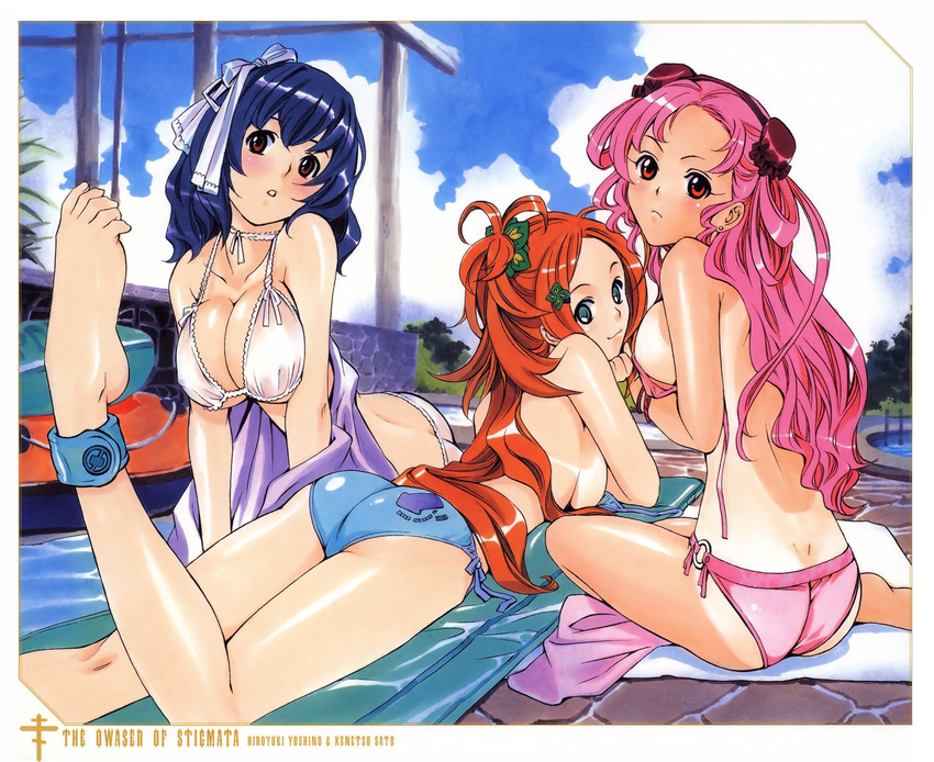 :o anklet ass barefoot bikini blue_hair blush breast_hold breasts bun_cover cleavage double_bun earrings feet flower hair_flower hair_ornament hair_ribbon hairband highres jewelry large_breasts long_hair looking_at_viewer looking_back lying multiple_girls o-ring o-ring_bottom official_art on_stomach pink_hair red_eyes red_hair ribbon satou_ken'etsu seikon_no_qwaser sendou_mutsumi short_hair swimsuit tan tsujidou_miyuri untied yamanobe_tomo