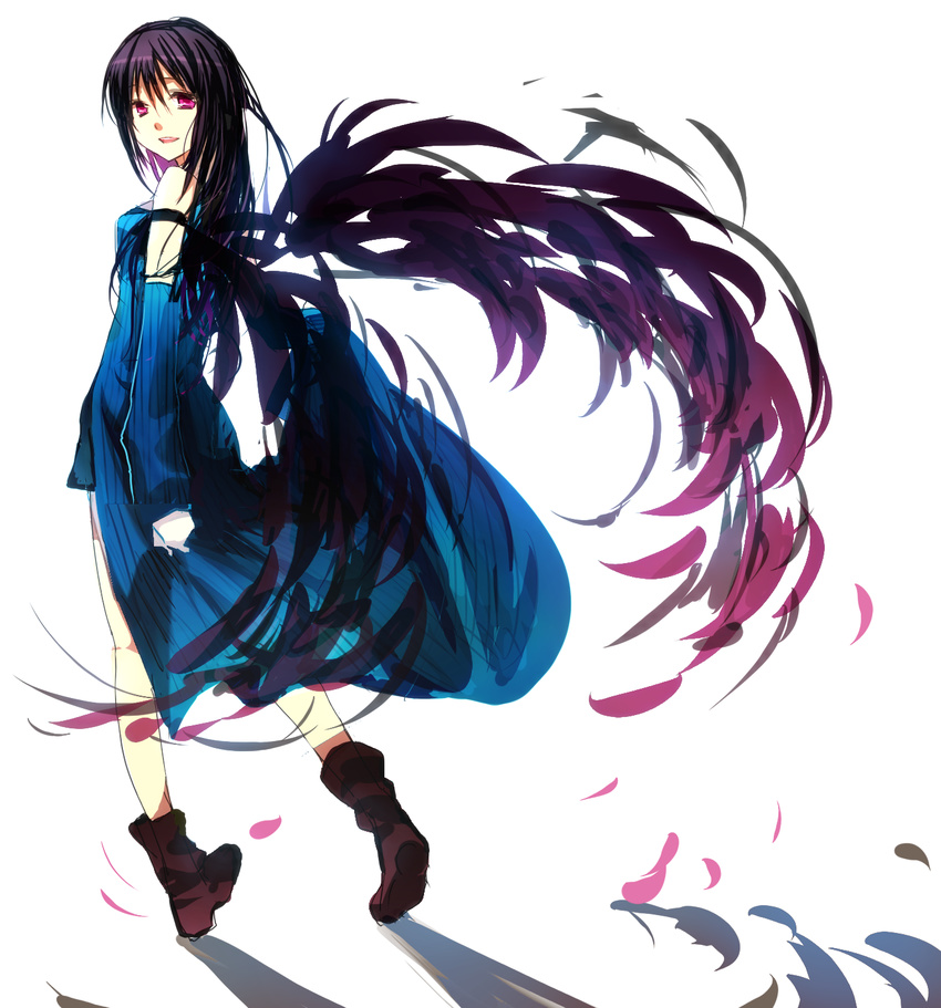 arm_warmers bad_id bad_pixiv_id bare_shoulders black_hair boots detached_sleeves fake_wings final_fantasy final_fantasy_viii full_body highres kyoumo_baito light_smile long_hair looking_back pink_eyes purple_eyes purple_hair rinoa_heartilly shadow sleeveless_duster solo standing white_background wings