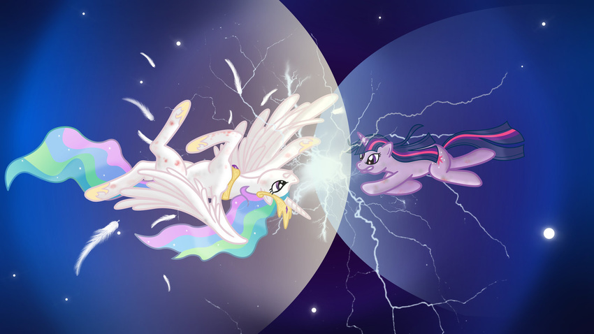 alicorn cutie_mark duo electricity equine feathers female feral fight friendship_is_magic horn horse magic mammal minimoose772 my_little_pony pegacorn pony princess princess_celestia_(mlp) royalty shield twilight_sparkle_(mlp) unicorn winged_unicorn wings wounded