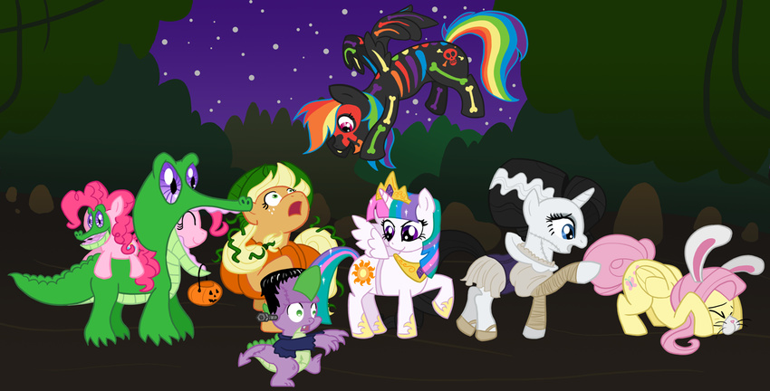 animal_ears applejack_(mlp) atlur black_hair blonde_hair blue_eyes costume costumes crown cute dragon equine female feral fluttershy_(mlp) friends friendship_is_magic fur fursuit green_eyes group gummy_(mlp) hair halloween happy holidays horn horns horse jewelry long_hair male mammal multi-colored_hair my_little_pony night outside pegasus pet pink pink_body pink_fur pink_hair pinkie_pie_(mlp) pony pumpkin purple_eyes purple_scales rainbow_dash_(mlp) rainbow_hair rarity_(mlp) red_eyes reptile scalie scared short_hair spade_tail spike_(mlp) stars tail tan tree twilight_sparkle_(mlp) unicorn white white_feathers white_fur wings wood yellow yellow_fur