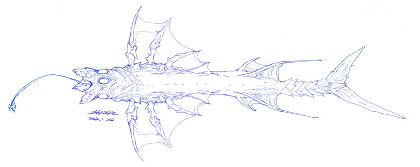 fantasy fins kazeco monochrome monster no_humans signature simple_background sketch tongue